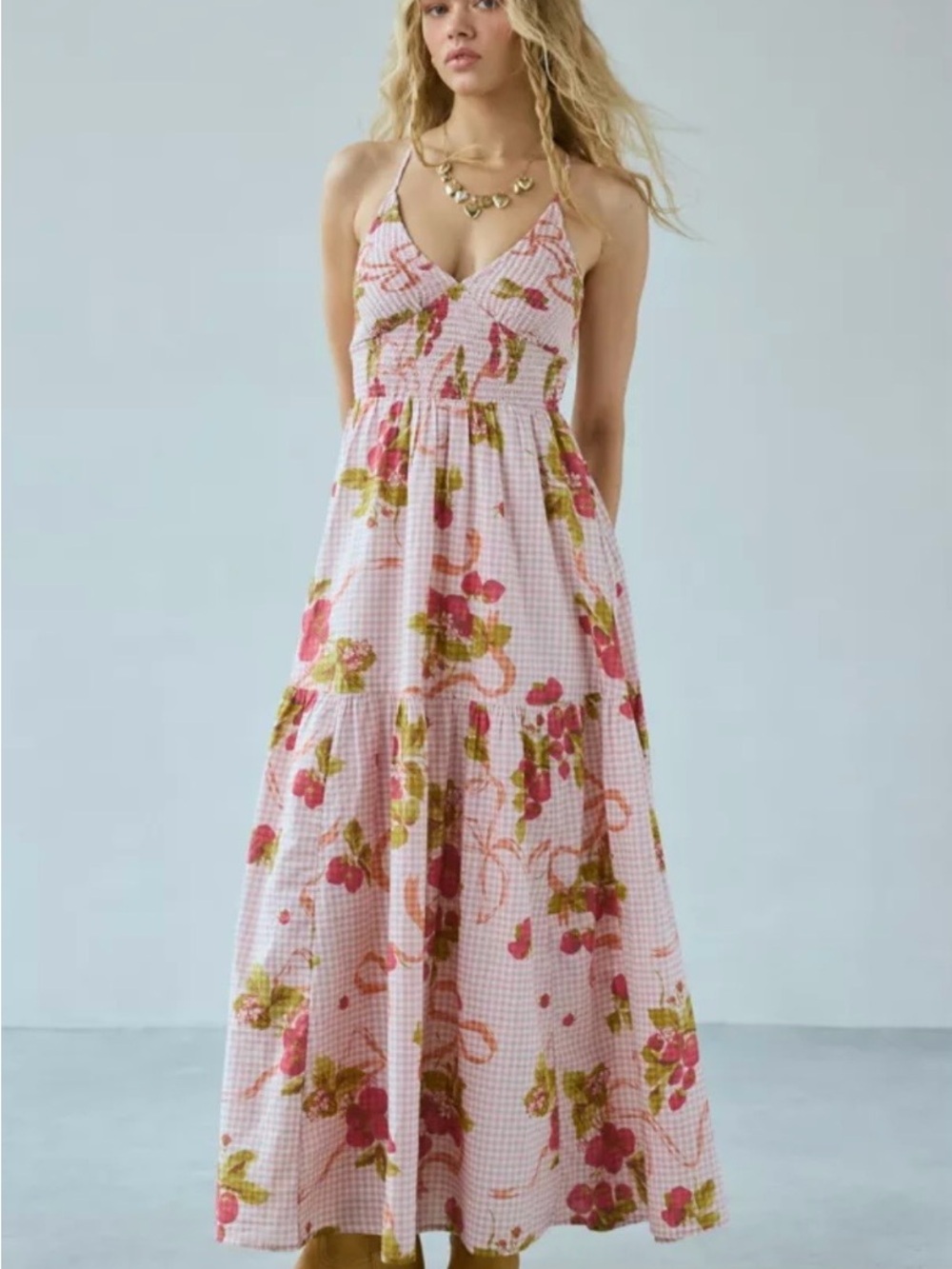 Urban Outfitters Pink Floral Gingham Maxi Dress